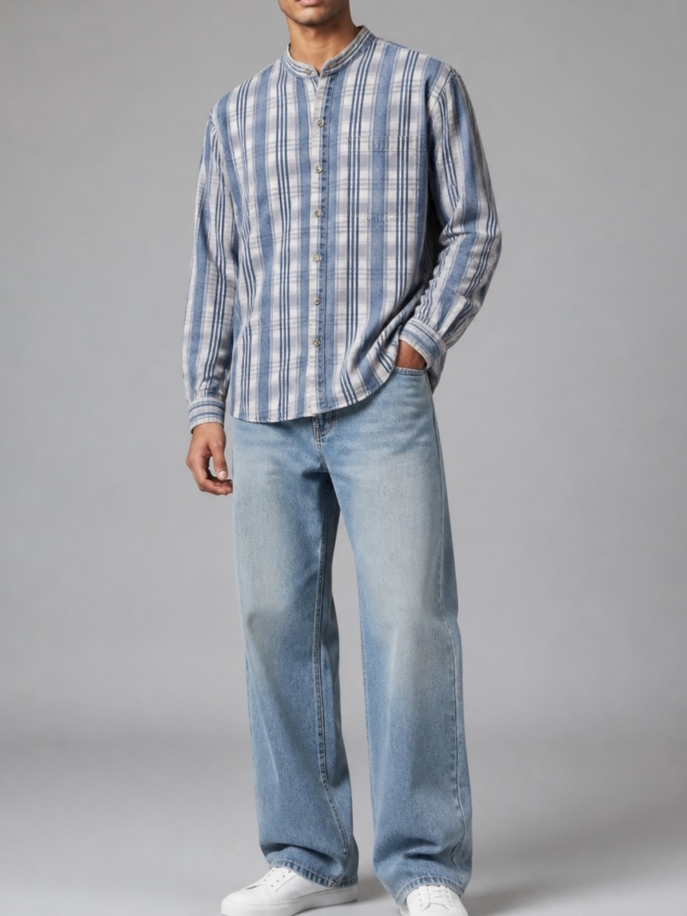 Vintage 90’s Plaid Denim Band Collar Shirt In Blue & White | Size M